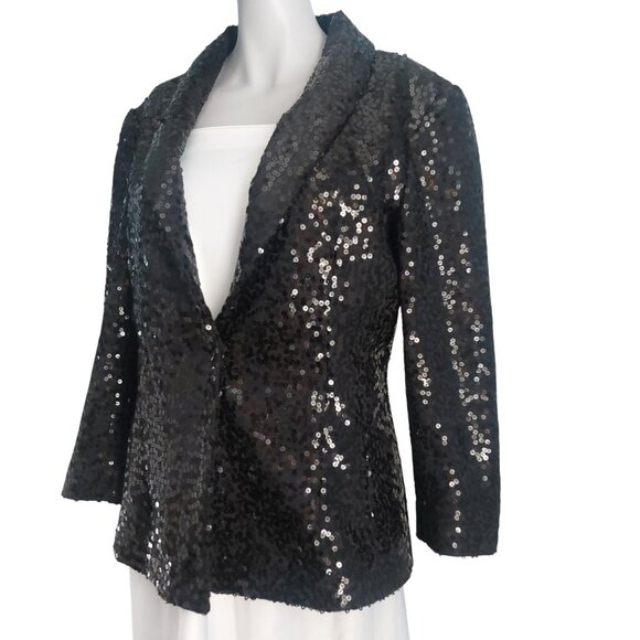 Black Sequins Blazer Jacket Women 10 Glam Evening 3/4 Sleeve Holiday Performance - Picture 12 of 14
